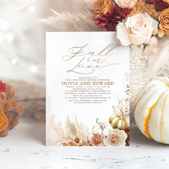 Terracotta Floral Pumpkins Fall Rehearsal dinner Invitation (Fall in Love Pumpkins Boho Rehearsal Dinner Invitation)