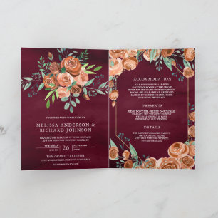 Terracotta Floral QR Code Burgundy Wedding Invitation