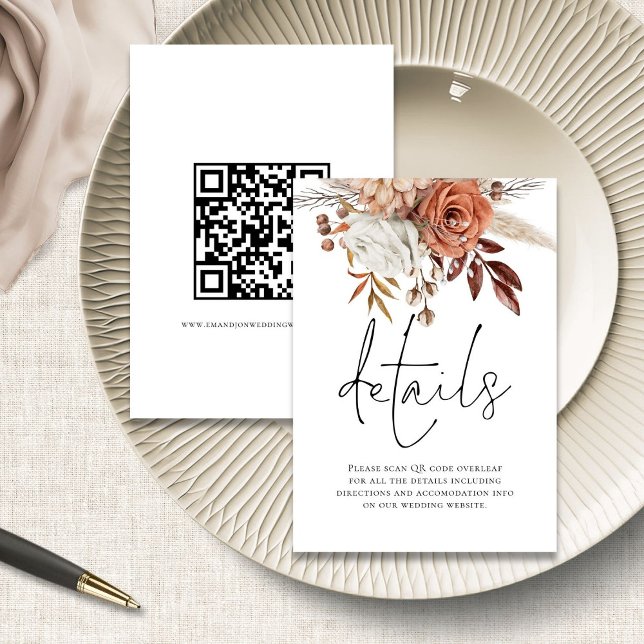 Terracotta Floral Script QR Code Wedding Details Enclosure Card (front and back view)