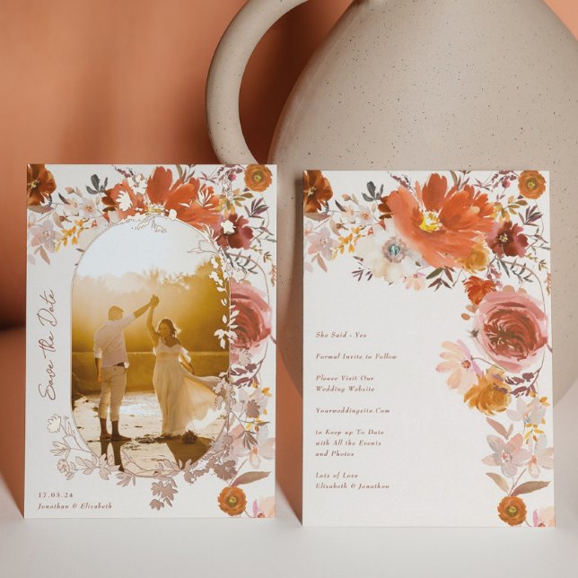 Terracotta Floral Wedding Arch Photo Save The Date (Creator Uploaded)