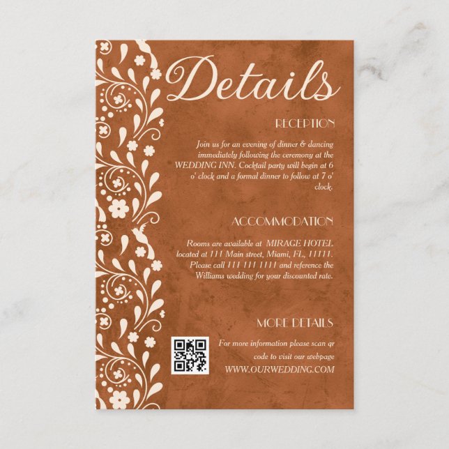 Terracotta Floral Wedding Details QR code Enclosure Card (Front)