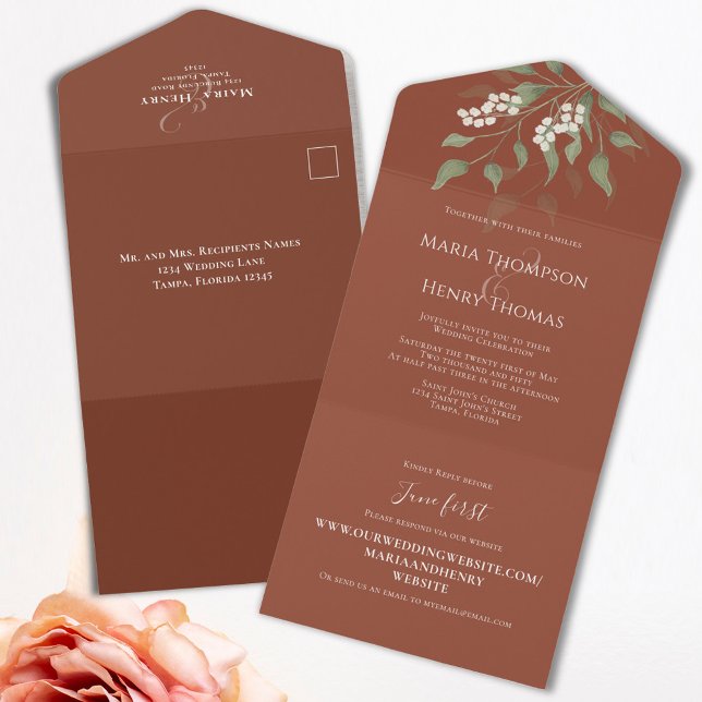 Terracotta Floral Wedding Invitation Template (Terracotta All in One Style invitation template. )