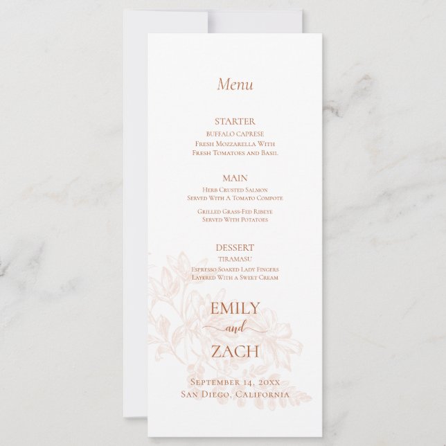 Terracotta Floral Wedding Menu Invitation (Front)
