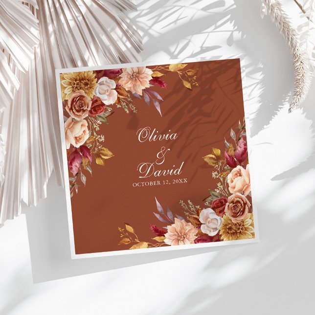 Terracotta Floral Wedding Napkins Custom Name Fall (Boho Modern Burnt Orange Terracotta Floral Wedding Paper Dinner Napkins o9n a sunny boho white table)
