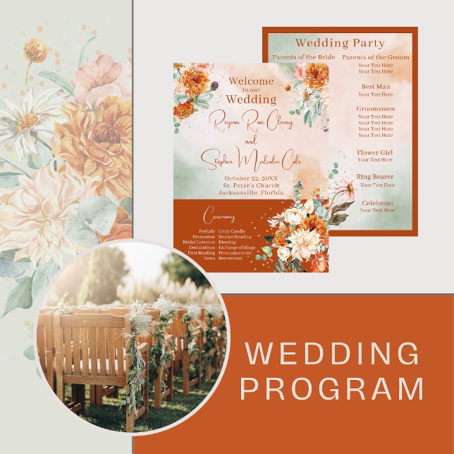 Terracotta Floral Wedding Programme (Créateur téléchargé)