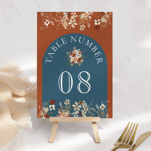 Terracotta Floral Wildflower Dusty Blue Wedding Table Number