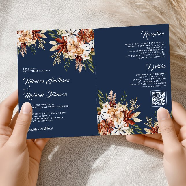 Terracotta Floral Wildflower Navy Blue Wedding Invitation (Creator Uploaded)