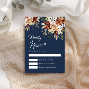 Terracotta Floral Wildflower Navy Blue Wedding RSVP Card