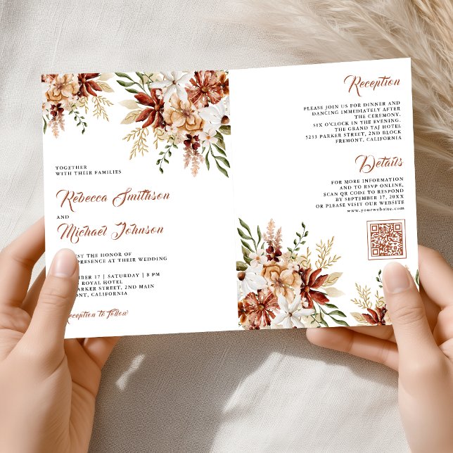 Terracotta Floral Wildflower White Wedding Invitation (Creator Uploaded)