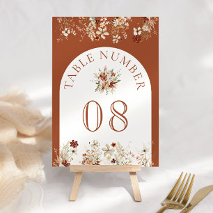 Terracotta Floral Wildflower White Wedding Table Number