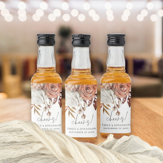 Terracotta Florals Cheers Name Date Wedding Liquor Bottle Label (Mini Liquor Bottle Favor Sticker. part of the fall terracotta autumn florals wedding collection)