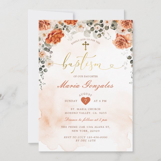 Terracotta Florals Girl Christening Gold Baptism Invitation (Front)