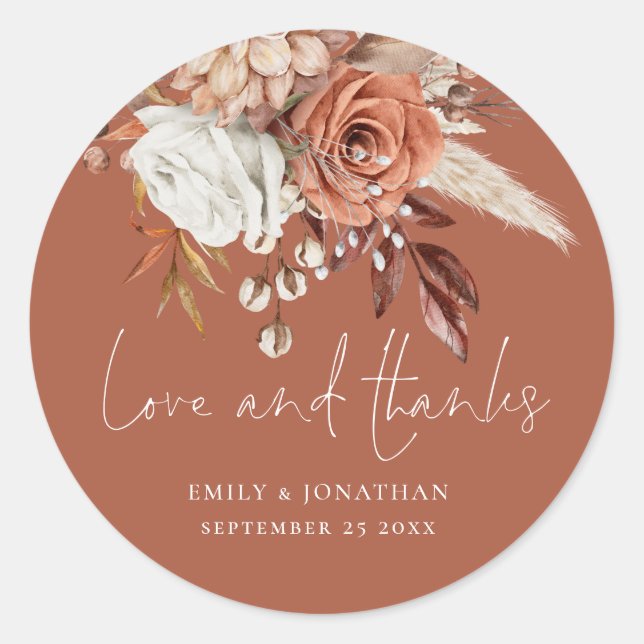 Terracotta Florals Love Thanks Rust Wedding Classic Round Sticker (Front)