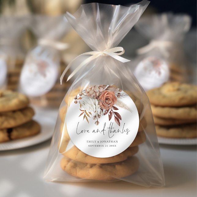 Terracotta Florals Love Thanks Wedding Classic Round Sticker (Stickers For your thank you favors. Part of the Terracotta Florals Autumn Fall Collection)