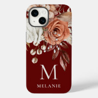 Terracotta Florals Monogram Initial Name Burgundy