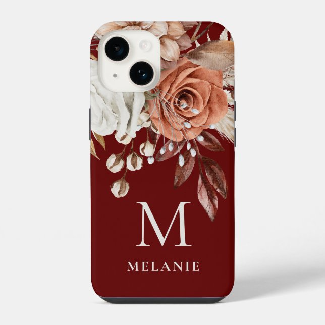 Terracotta Florals Monogram Initial Name Burgundy iPhone Case (Back)