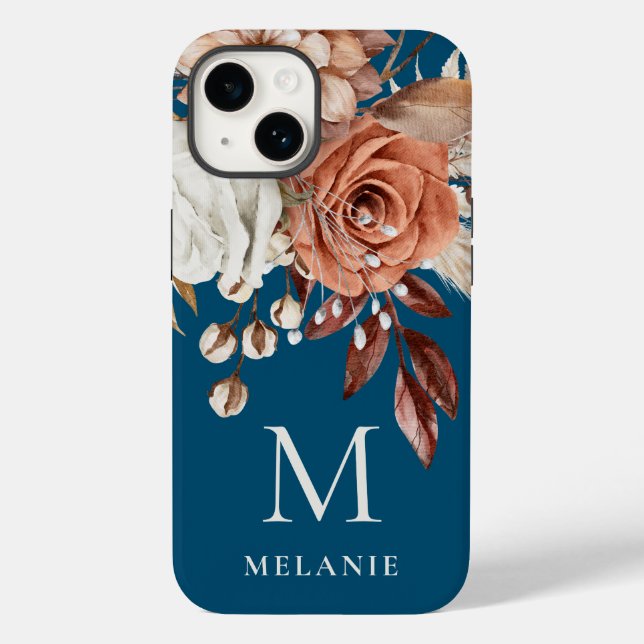Terracotta Florals Monogram Initial Name Turquoise Case-Mate iPhone Case (Back)