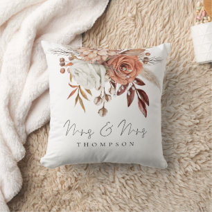 Terracotta Florals Mrs Mrs Name Newlyweds Throw Pillow