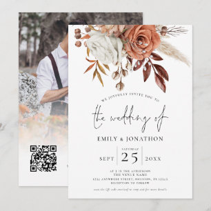 Terracotta Florals Photo Overlay QR Code Wedding  Invitation