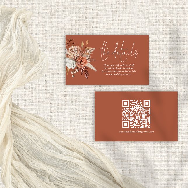 Terracotta Florals QR Code Rust Wedding Details Enclosure Card (Front and back view)