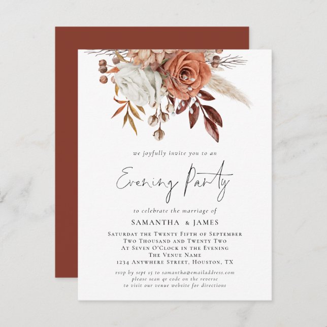 Terracotta Florals QR Code Wedding Evening Party Invitation (Front/Back)