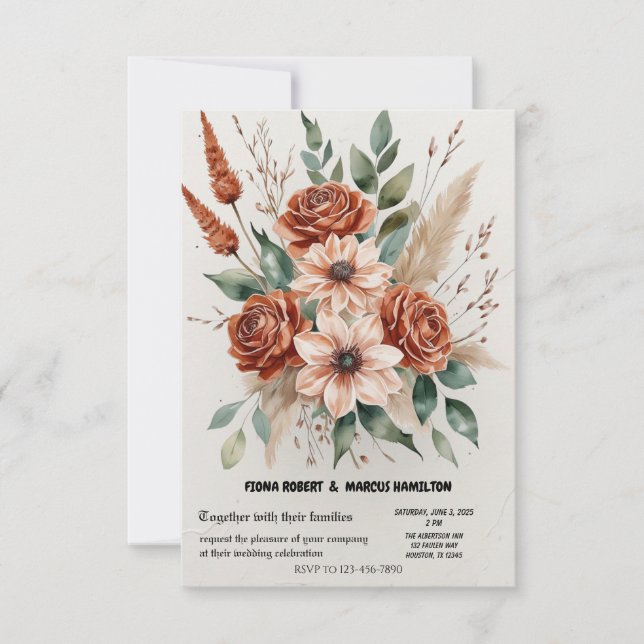 Terracotta Florals Rustic Boho Wedding RSVP Card (Front)