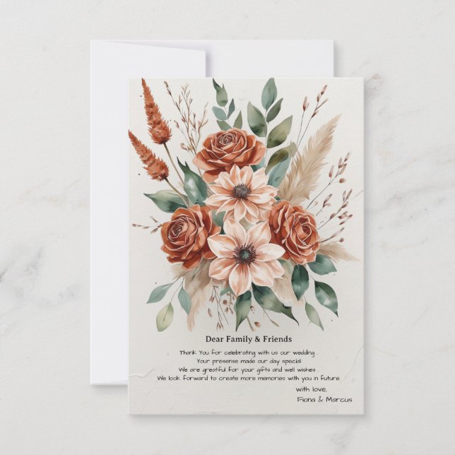 Terracotta Florals Rustic Boho Wedding Thank You Card (Front)