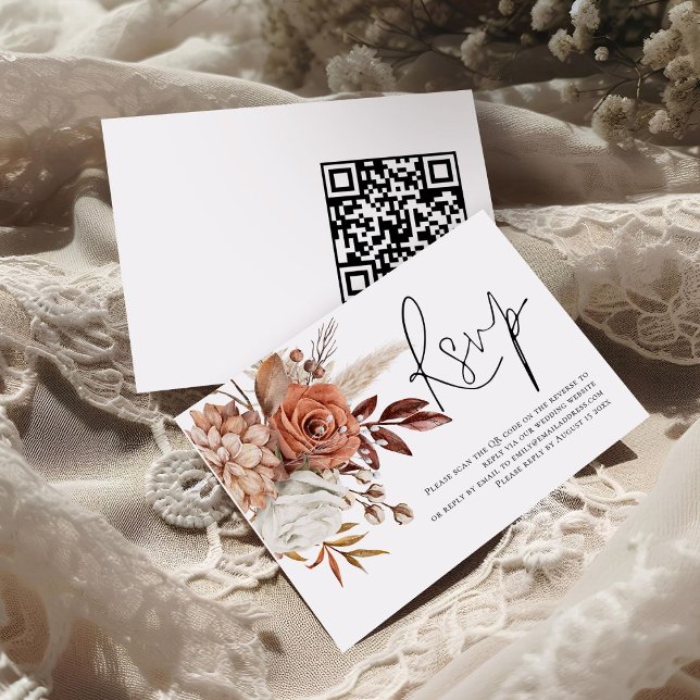 Terracotta Florals Script QR Code Mariage RSVP (front and back view)