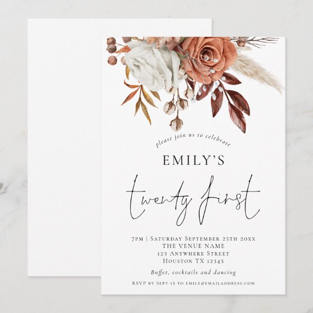 Terracotta Florals Twenty First Birthday Party Invitation (Front/Back)