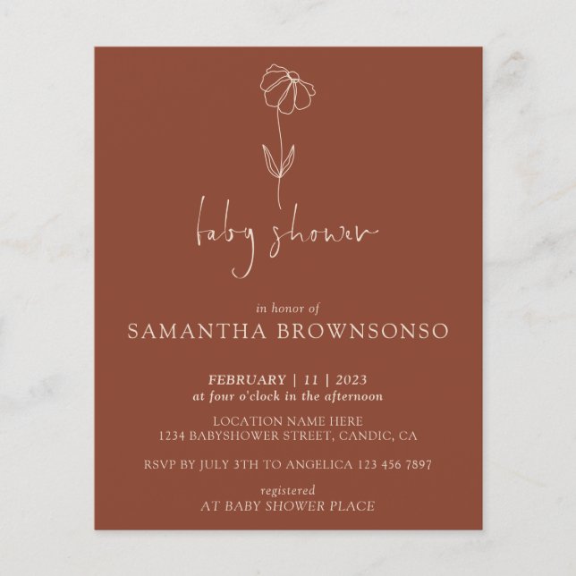 Terracotta Flower Botanical Budget Baby Shower Flyer (Front)