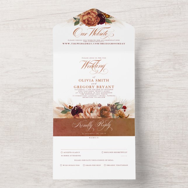 Terracotta Flowers and Pampas Grass Exotic Wedding All In One Invitation (Inside)