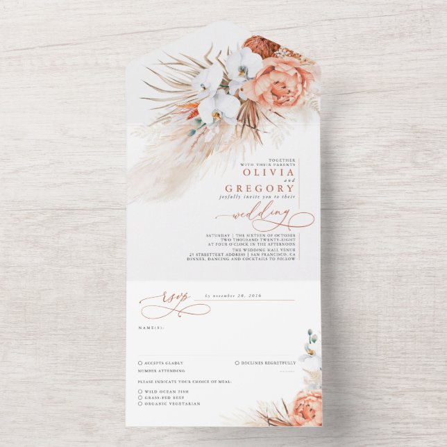 Terracotta Flowers and Pampas Grass Exotic Wedding All In One Invitation (Inside)