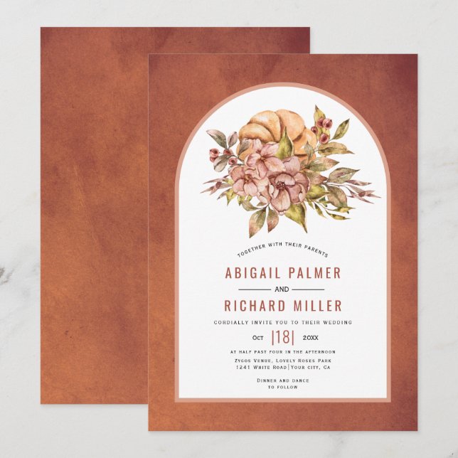 Terracotta flowers and pumpkin fall wedding  invit invitation (Front/Back)