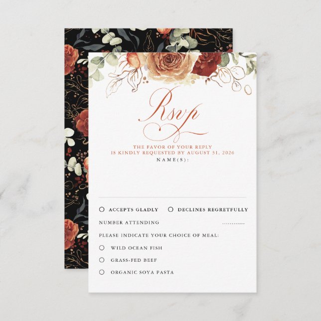 Terracotta Flowers Black Wedding RSVP (Front/Back)