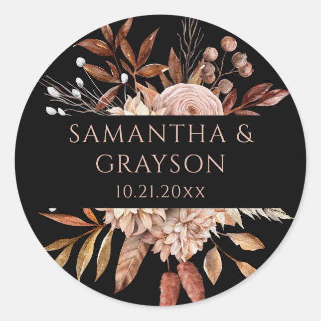 Terracotta Flowers Boho Fall Foliage Black Wedding Classic Round Sticker (Front)
