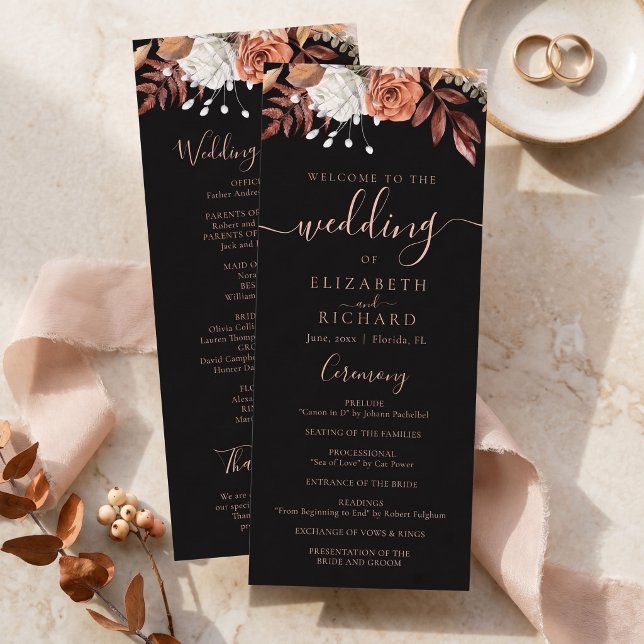 Terracotta Flowers Boho Fall Foliage Black Wedding Program (Creator Uploaded)