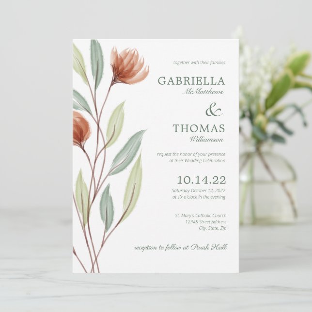 Terracotta Flowers Botanical Wedding Invitation (Standing Front)