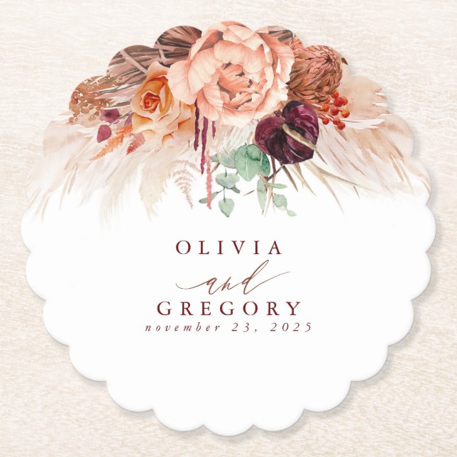 Terracotta Flowers Pampas Grass Elegant Tropical Paper Coaster (Front)