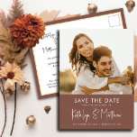 Terracotta Fun Script Modern Photo Simple Wedding  Announcement Postcard<br><div class="desc">Terracotta Fun Script Modern Photo Simple Wedding Save The Date Announcement Postcard. Let your family, friends and colleagues know that you have set a date for your wedding celebration with this elegant, stylish and modern wedding save the date invitation card. All the texts are pre-arranged for you to personalize easily...</div>