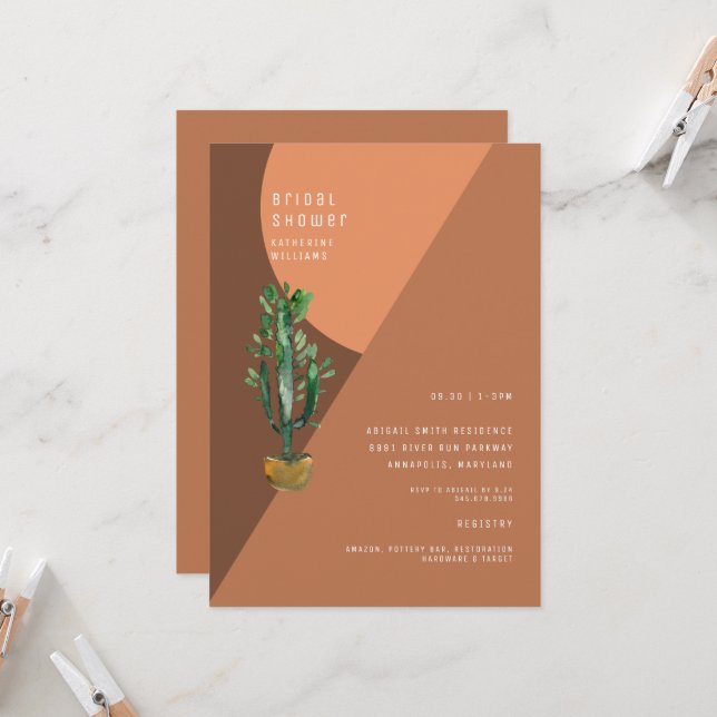 Terracotta Geometric Cactus Modern Bridal Shower  Invitation (Front/Back In Situ)