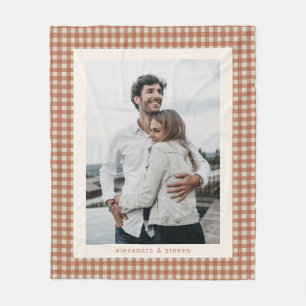 Terracotta Gingham Couple Photo Personalized Fleece Blanket