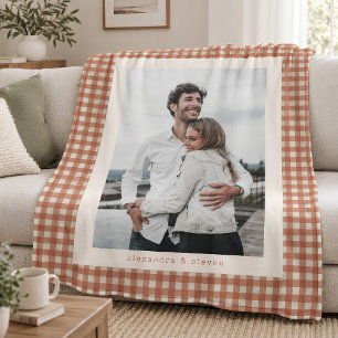 Terracotta Gingham Couple Photo Personalized Fleece Blanket