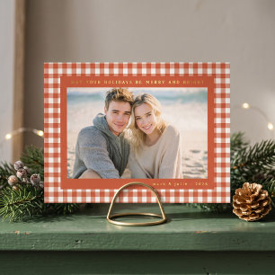 Terracotta Gingham Frame Photo Foil Holiday Card