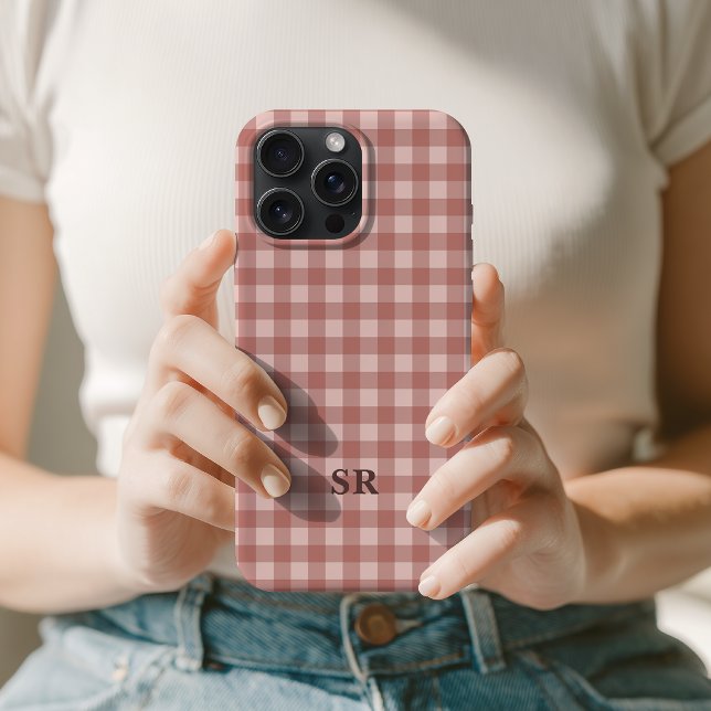 Terracotta Gingham Monogram Mom Grandma Initial iPhone Case (best friend gifts, gift for coworker, daughter birthday gift, wife appreciation gift, wedding gift)