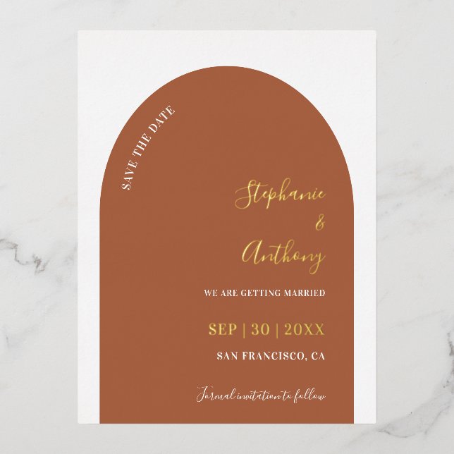 Terracotta, Gold, and White  Arch Wedding Foil Holiday Postcard (Front)