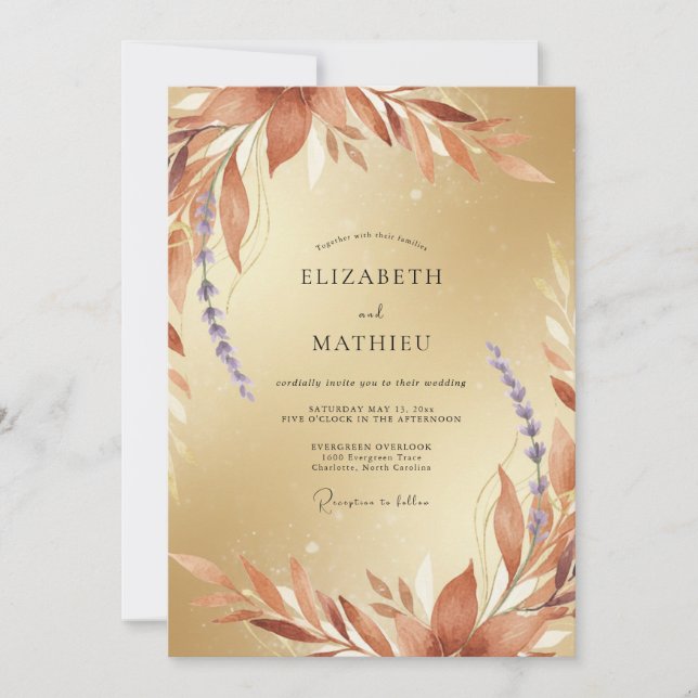 Terracotta Gold Dried Leaf Wedding Invitation (Front)