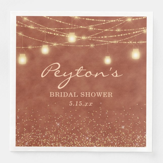 Terracotta Gold Glitter String Light Bridal Shower Napkin (Front)