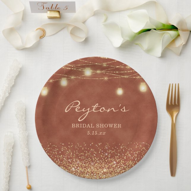 Terracotta Gold Glitter String Light Bridal Shower Paper Plate (Wedding)