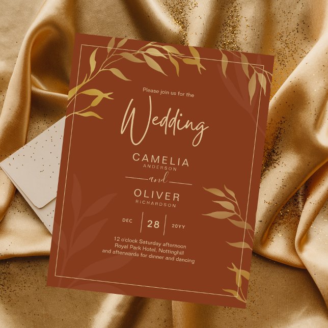 Terracotta Gold Leaves Budget Wedding Invitation Flyer (Creator Uploaded)