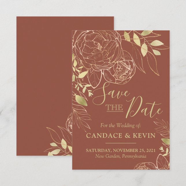 Terracotta & Gold Peony Modern Floral Wedding Save The Date (Front/Back)